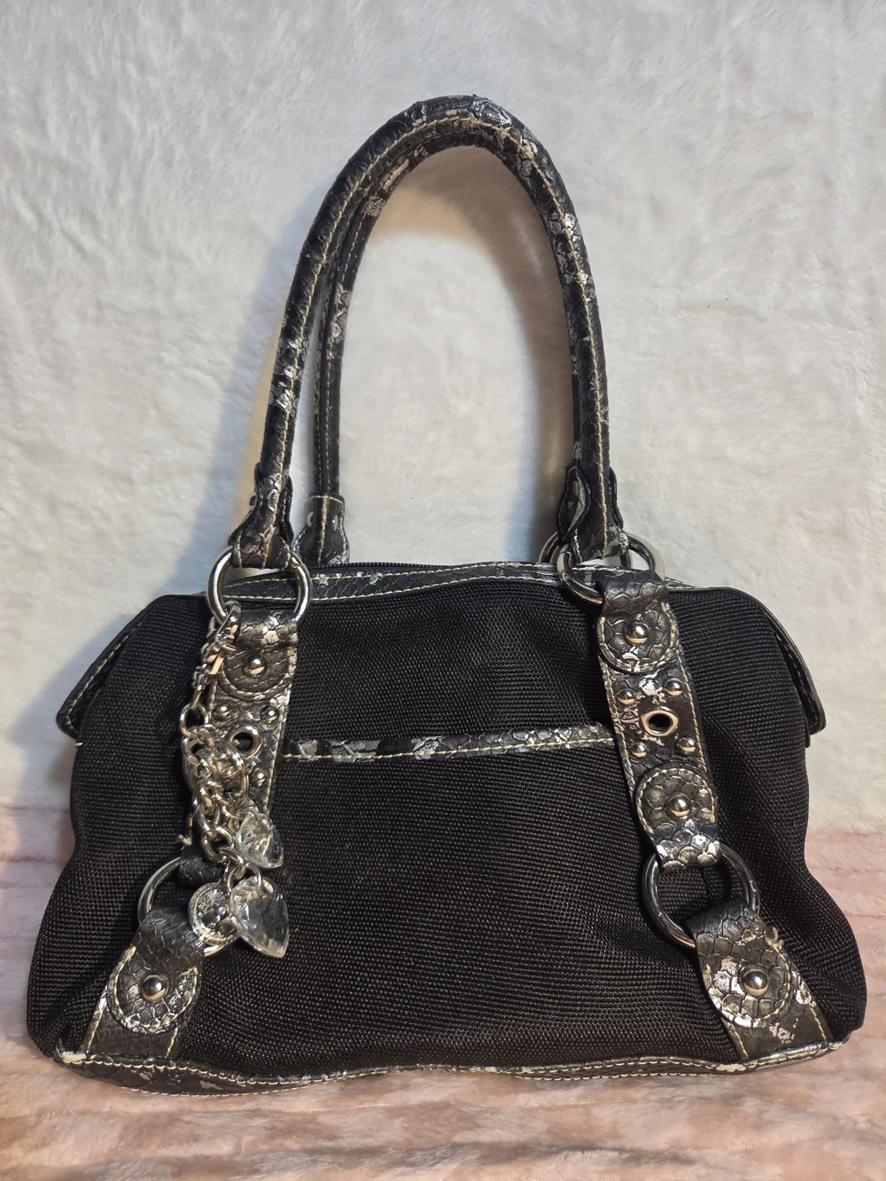 Kathy Van Zeeland Black Women's Satchel Handbag with Metallic Trim